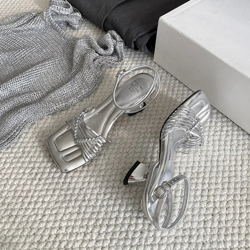 Summer Woven Square Toe Sandals Strange Heel Buckle Strap Shoes