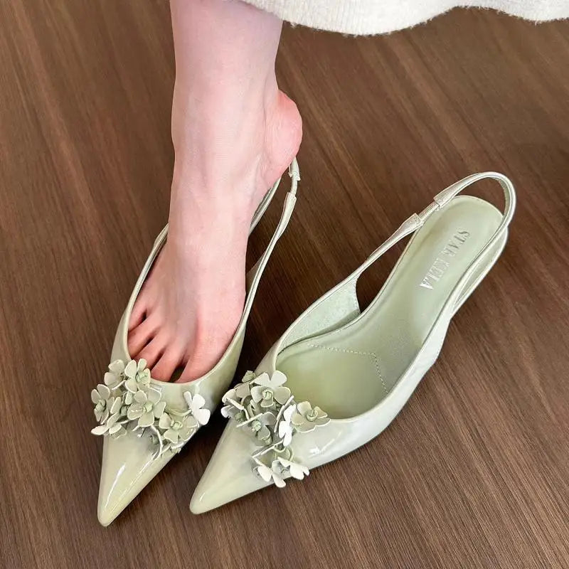 Sandals ，summer New Pointy Flower Sandals, Midheel Back Empty Single Shoes, Shoes