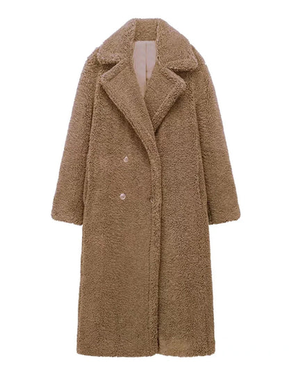 Thicken Warm Outwear Furry Double Breasted Loose Turn-down Collar Long Coat Female Winter Jackets