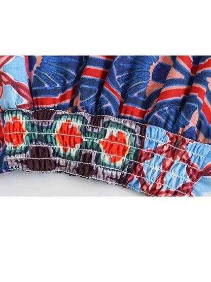 2 Piece Set Vneck Wide Long Sleeves Printed Crop Top Female Elastic High Waist Loose Pants
