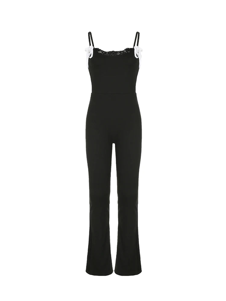 Black Sleeveless Skinny Flared Jumpsuits Lace Trim Tie Bow Sweet Y2k Slip Rompers