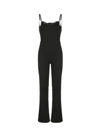 Black Sleeveless Skinny Flared Jumpsuits Lace Trim Tie Bow Sweet Y2k Slip Rompers