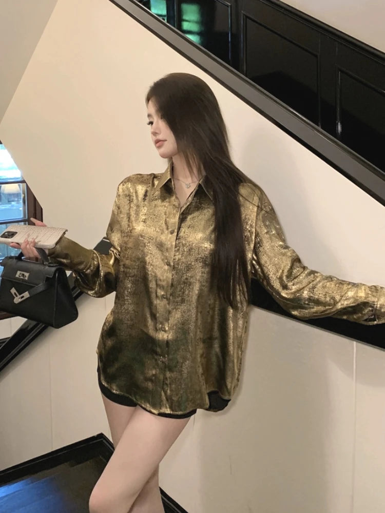 Y2k Golden Color Shirt Female Long Sleeve Blouse Button Up Oversized Spring Autumn Top