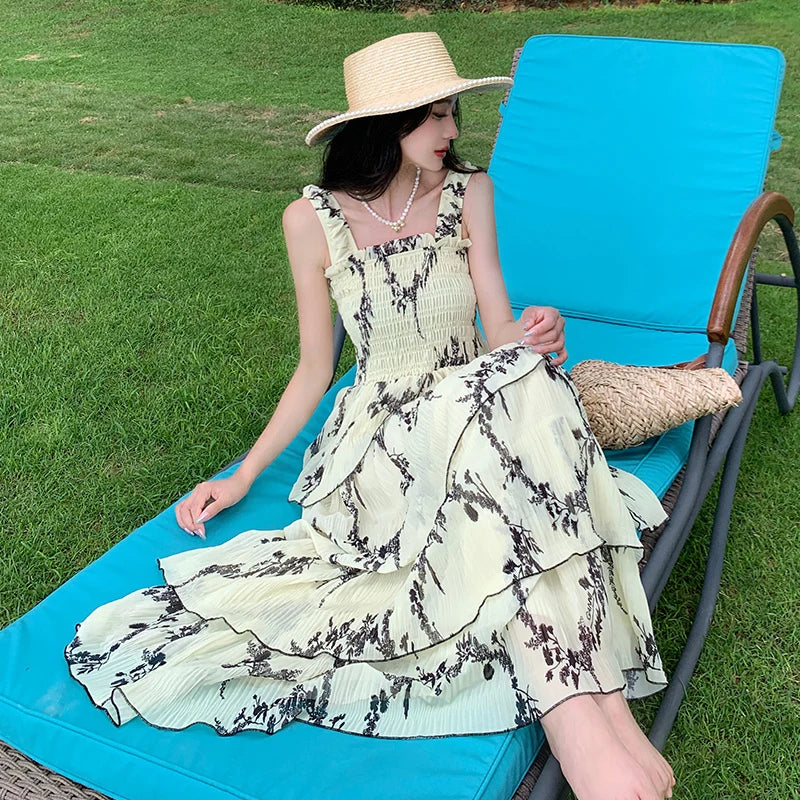Retro Cascading Ruffles Flower Print Yellow Cake Midi Dresses New Summer Special Design Camisole Clothing Mujer