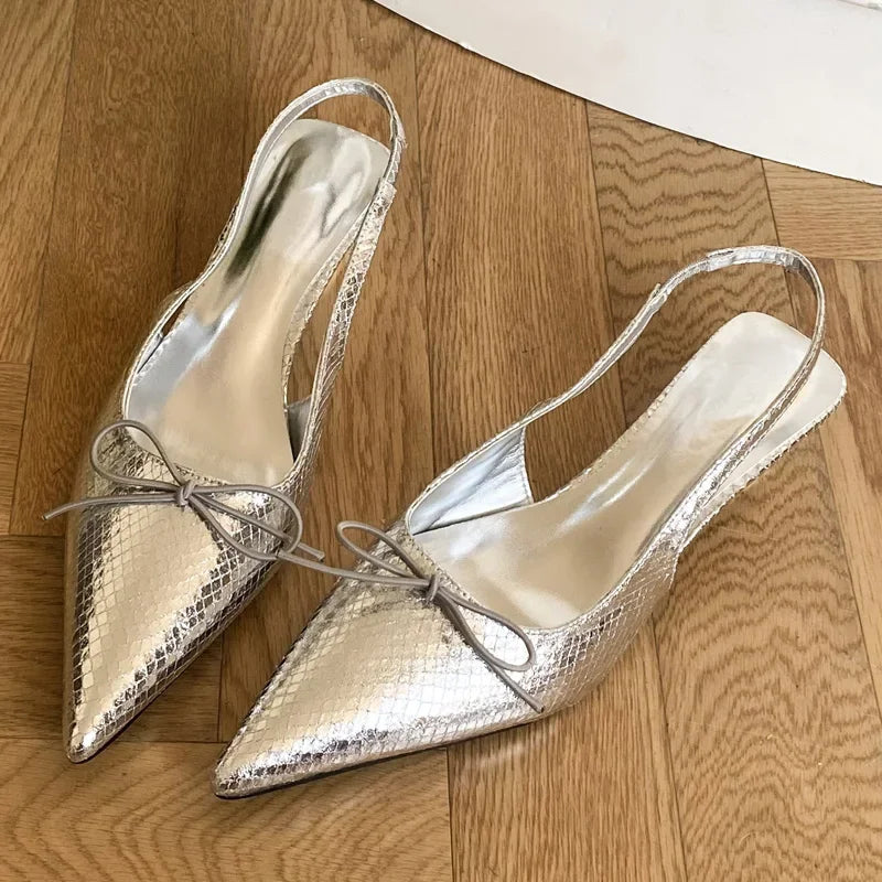 Spring Butterflyknot Thin Low Heels Pumps Sandals Pointed Toe Slipon Slingback Shoes