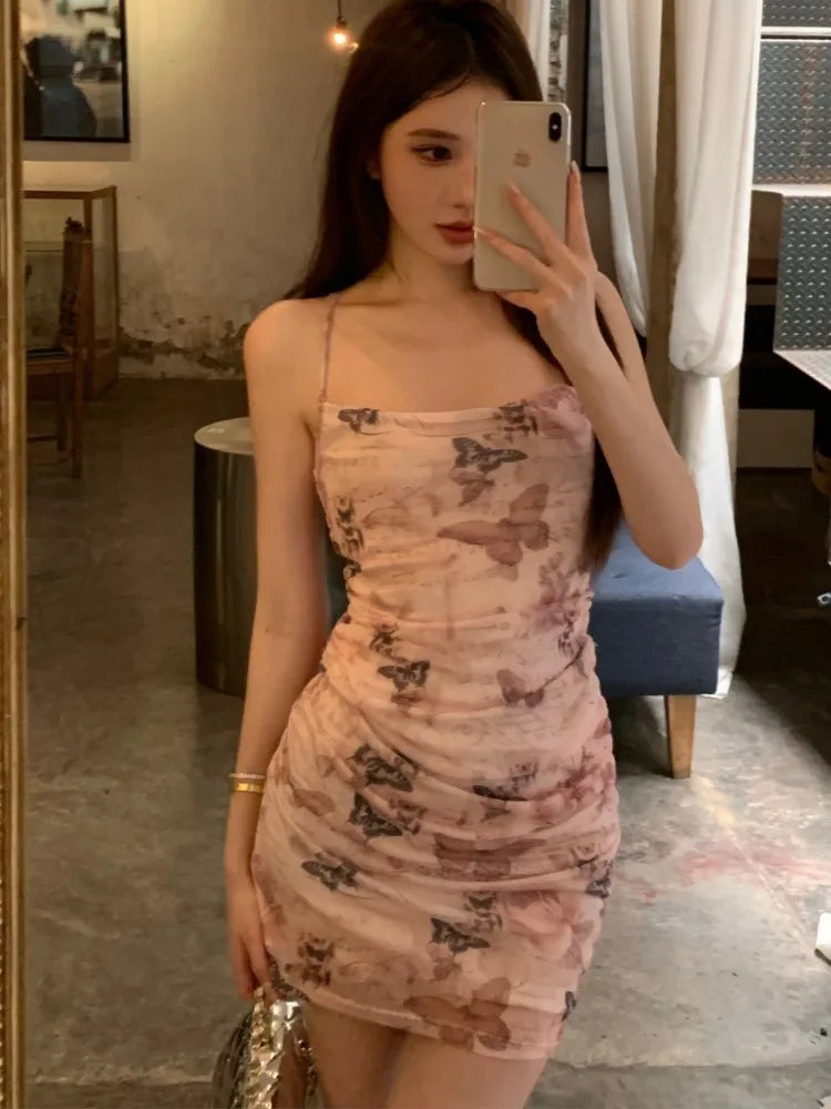 Bodycon Backless Bandage Long Dresses for Summer Printed Spaghetti Strap Laceup Party Dress Prom Vestidos
