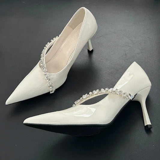 Rhinestone Chain Thin High Heels Pointed Toe Pumps Office Shoes Female Dress Shoes Zapatos De Mujer