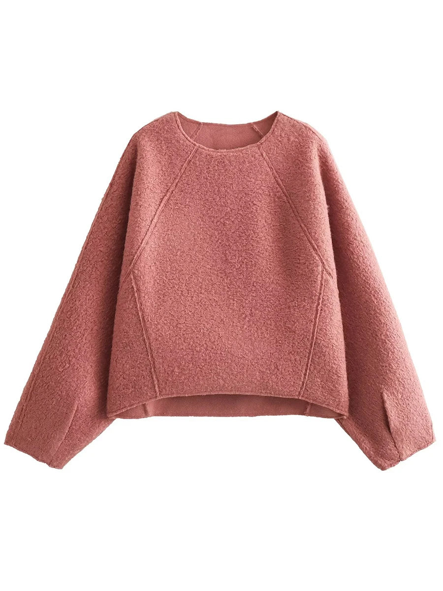Simple Cropped Woolen Sweatshirt Woman Oneck Long Sleeve Loose Pull Hoodie Female Sweatshirts Top
