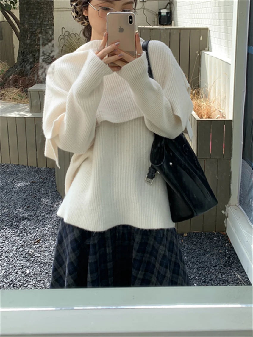 Sweaters Slim Knitted Winter Daily Office Lady Warm Sweet Loose Plaid Aline Skirts