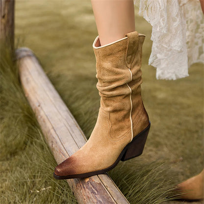 New High Heel Leather Shoes Knight Boot Western Cowboy Boots Pointed Toe Thick Soled Short Boot