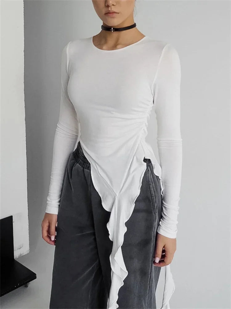 White Knit Slim T-shirt Pullover Female Ruffled Patchwork See-through Long Sleeve Y2k Inner Top ’s Knitwear Tee