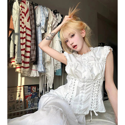 Y2k Cropped White Shirts Japanese Kawaii Bandage Blouses Summer Harajuku Aesthetic Single Breasted Slim Design Tops