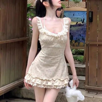 Dress Sweet Sleeveless Lace Patchwork Bow Square Collar Slim Mini Dresses Party Spring Summer
