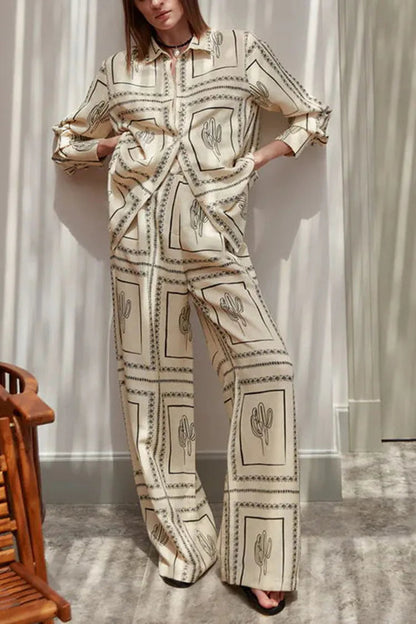 Printed Shirts Two Piece Set Long Sleeve Lapel Shirts High Waist Wide Leg Pants Suit for Home Wear Outfits Clothing
