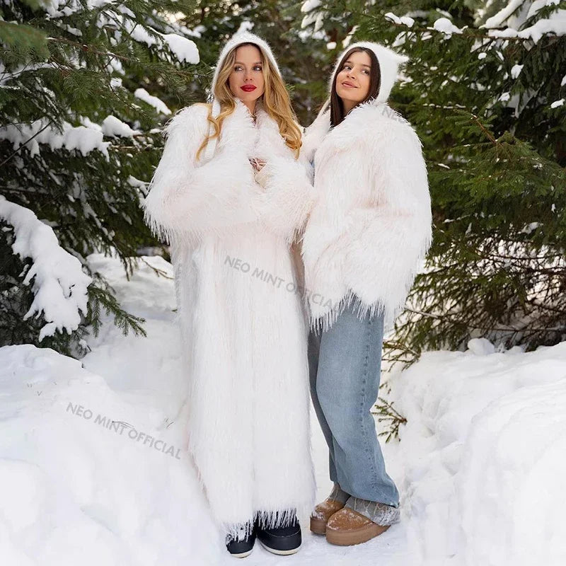 Winter Furry Faux Fur Coat Long Brand Tassels Fluffy Fur Jacket Female Super Warm Overcoat