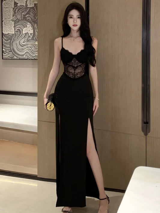 Black Lace Long Dresses for Summer New Hollow Out High Split Bodycon Camisole Evening Party Dress Prom Robe Vestido