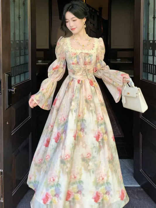 French Printed Midi Long Dress Autumn Square Collar Lantern Sleeve Laceup Midi Vestidos One Piece Clothing