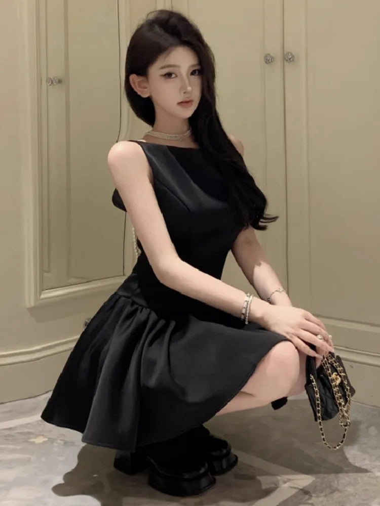 Party Mini Dresses Backless Bow Bandage Pearl Sleeveless Dress Slim French Style