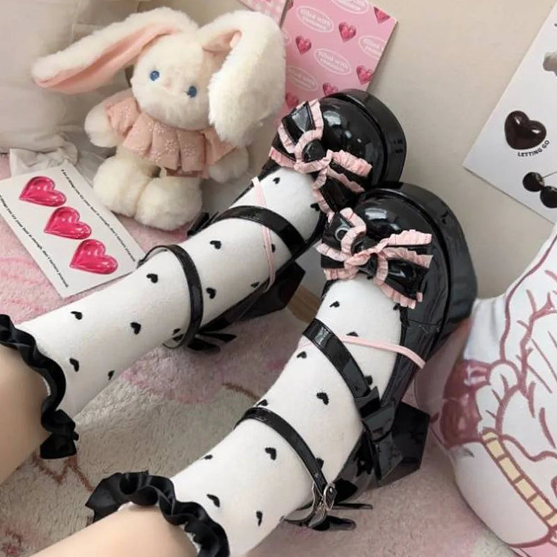 Lolita Bow Bow Decor Pumps Platform Chunky High Heels Ankle Strap Sweet Pumps for Girl Shoes