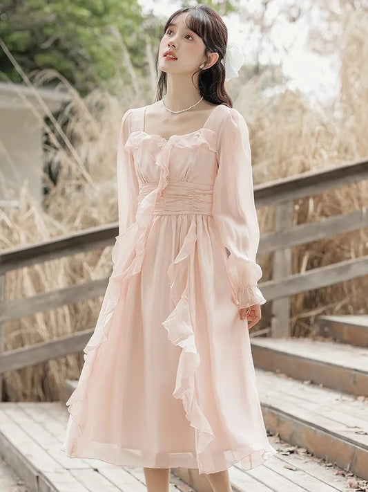 Pink Fairy Party Midi Dress Korean Style Sweet Vestidos Female Bubble Sleeve Evening Party Robe Autumn New