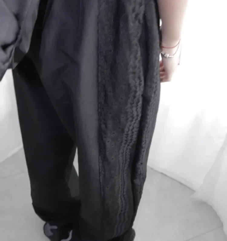Summer New Loose Y2k Egirl High Waist Straight Trousers Lace Patchwork Nylon Wide Leg Pants 2000s