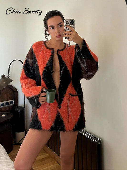 Mohair O-neck Contrast Color Knit Sweater Geometry Print Long Sleeve Loose Single-breasted Knitwear Lady All-match Top _