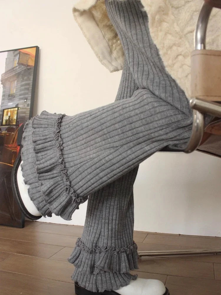 Simple Pit Strip Ruched Knitted Trousers Autumn High Waist Slim Fit Pants Y2k Grunge Loose Ruffles Wide Leg
