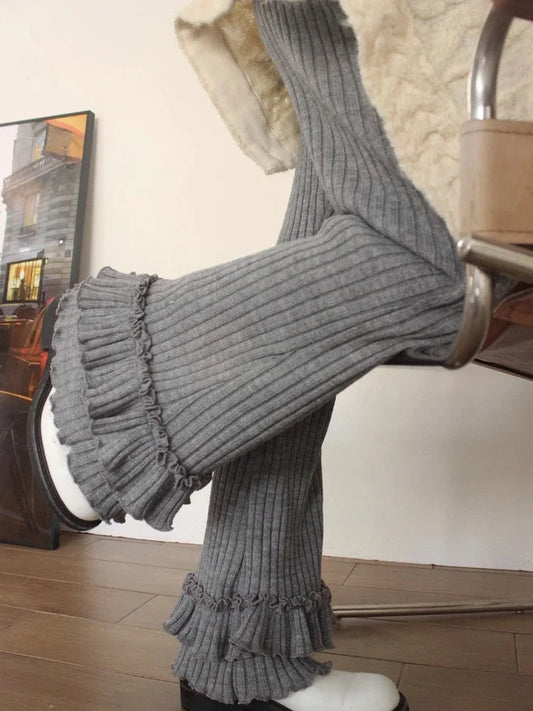 Simple Pit Strip Ruched Knitted Trousers Autumn High Waist Slim Fit Pants Y2k Grunge Loose Ruffles Wide Leg