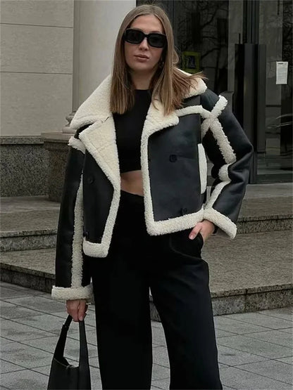 Pu Lapel Fluffy Oversized Sweater Outwear Winter Pocket Patchwork Contrast for Coat New