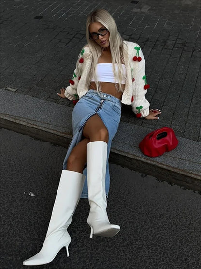 Female Knit Cardigan Sweater Patchwork Loose V-neck High Waist Y2k Outwear Female Knitwear Cardigan Jumpers