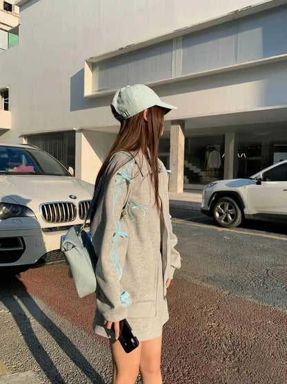 Spring Gray Two Piece Set Outfits Sports Style Plush Loose Zipper Hoodies Coat Aline Short Skirt Set
