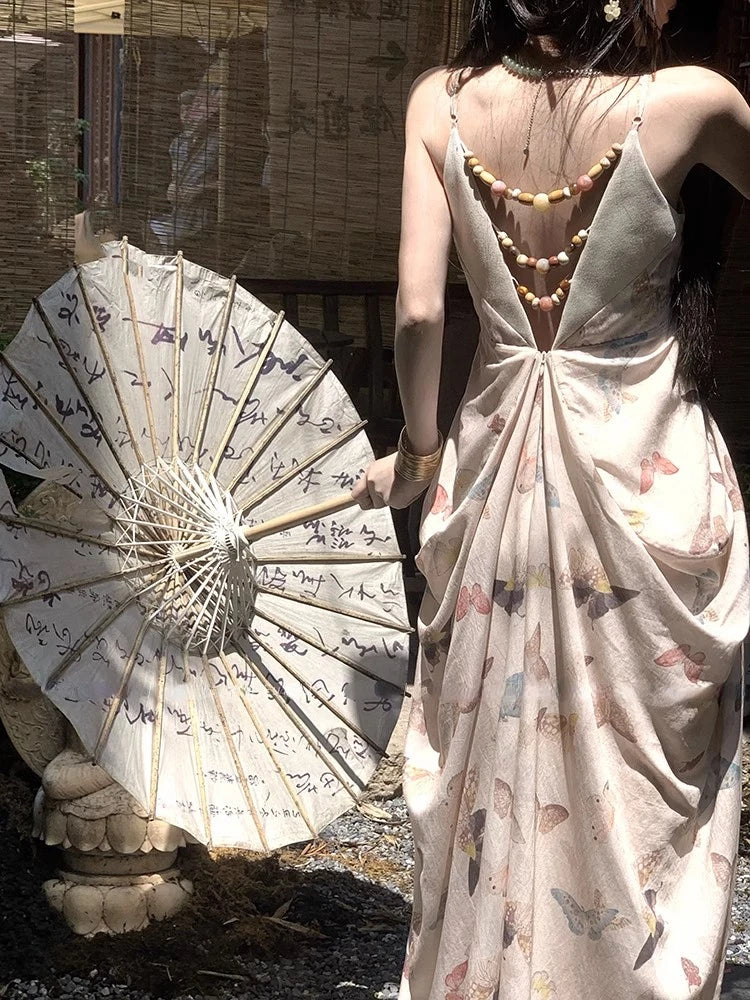 Print Midi Dress Backless Aline Strap Dress Evening Party Clothing Korean Summer