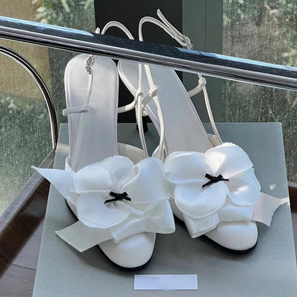 White Flower Sandals Round Toe Black Bow Detail Hollow Slingback Buckle Stiletto Heels Summer Party Dress Shoes