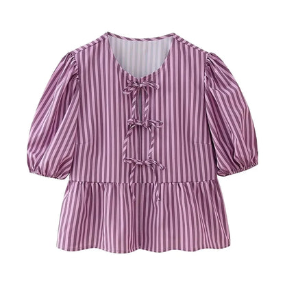 Summer Woman Bow Tied Lace Up Shirts Puff Short Sleeves Blouse Oneck Ruffle Color Tops
