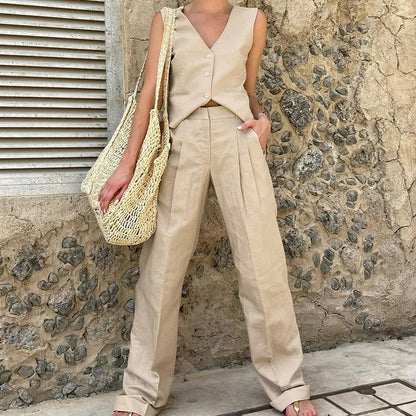 Loose Pant Sets Woman High Waist Baggy Trouser Suit for Summer V Neck Vest 2 Piece Suits Outfits 2