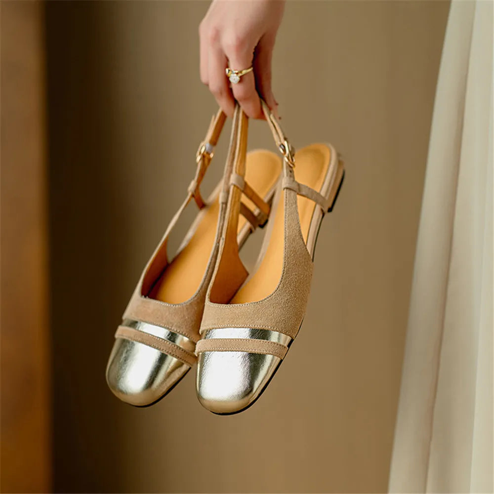 Classic Design Cow Leather Flats Shoes Slingbacks Summer Comfort Shoes Woman Round Toe Flats Shoes