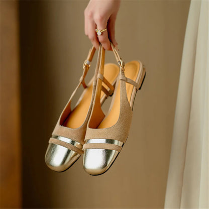 Classic Design Cow Leather Flats Shoes Slingbacks Summer Comfort Shoes Woman Round Toe Flats Shoes