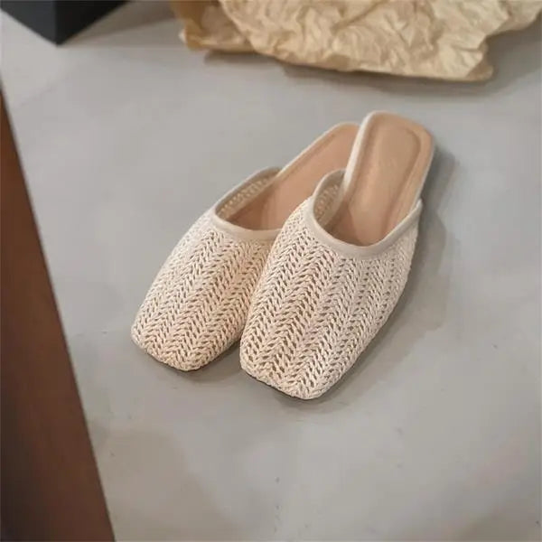 Shoes Slippers Soft Slides Slipers Cover Toe Low Loafers Fretwork Heels Comfort Flat Basic Fabric Rubber Cane Pu