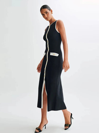 Single Breasted Knitted Maxi Dress O Neck Sleeveless Fake Pockets Dresses New Lady High Street Robes
