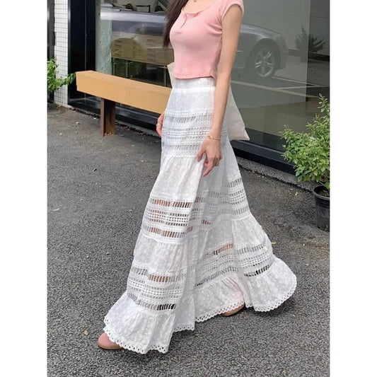 Spring and Summer Korean Retro High Street Low Waist Hollow Out White Long Lace Skirt Skirt