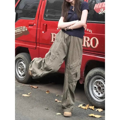 Pleated Pockets Straight Pants Spring New Korean High Waist All Match Loose Cargo Pants