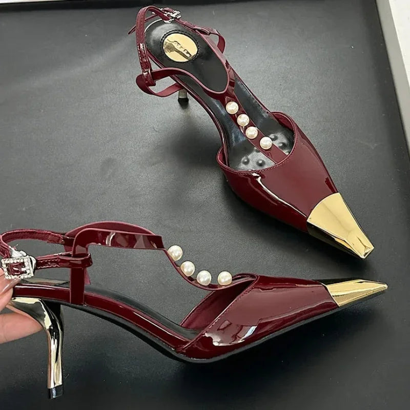 Metal Pointed Toe Thin High Heels Tstrap Pearl Party Dress Shoes Designer Pumps Sandals