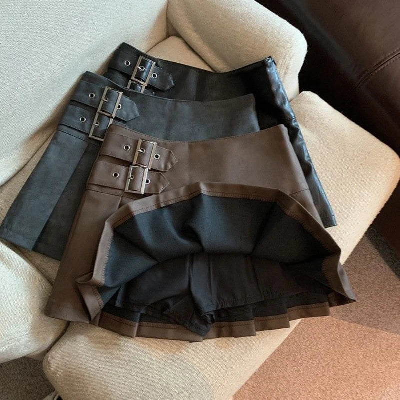 S-3xl Y2k Pu Leather Mini Skirts High Waist Pleated Skirt Korean Black Slim a Line Skirts