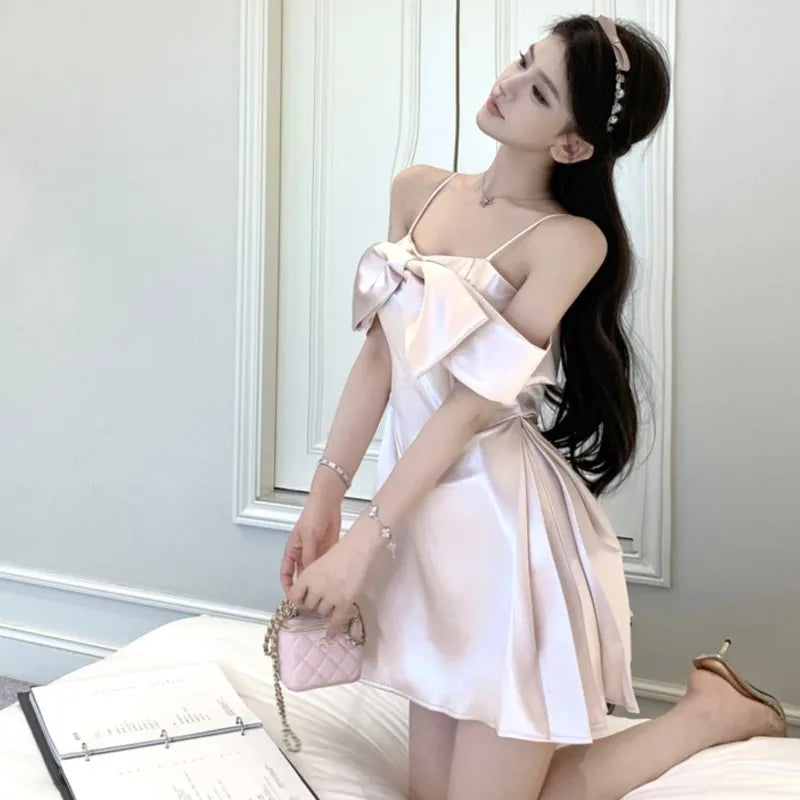 Evening Party Dresses Bow Design Spaghetti Strap Aline Birthday Mini Dress Korean One Piece Vestidos