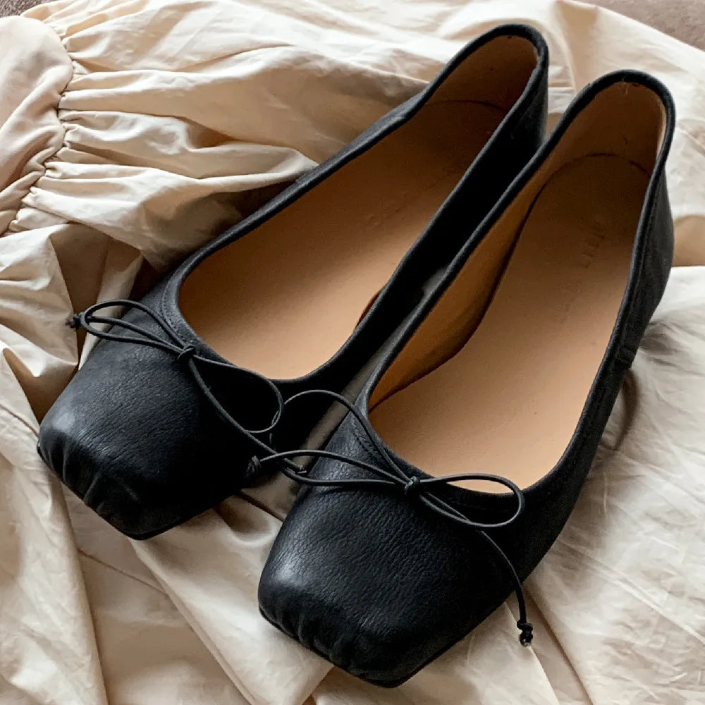 Genuine Leather Pleated Sqaure Toe Sliponn Ballet Flats Soft Comfortable Female Four Season Ballerianns Single Shoes
