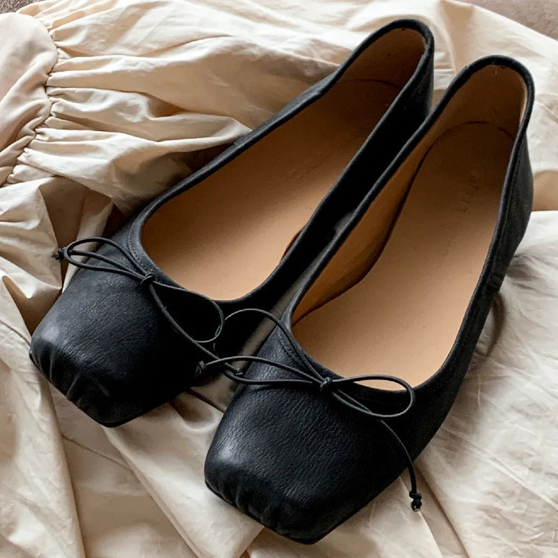 Genuine Leather Pleated Sqaure Toe Sliponn Ballet Flats Soft Comfortable Female Four Season Ballerianns Single Shoes