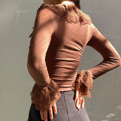 Lace Ruffles Neck Brown T-shirt Y2k Long Sleeve Fitted Top Stylish 2000s Tee Fall