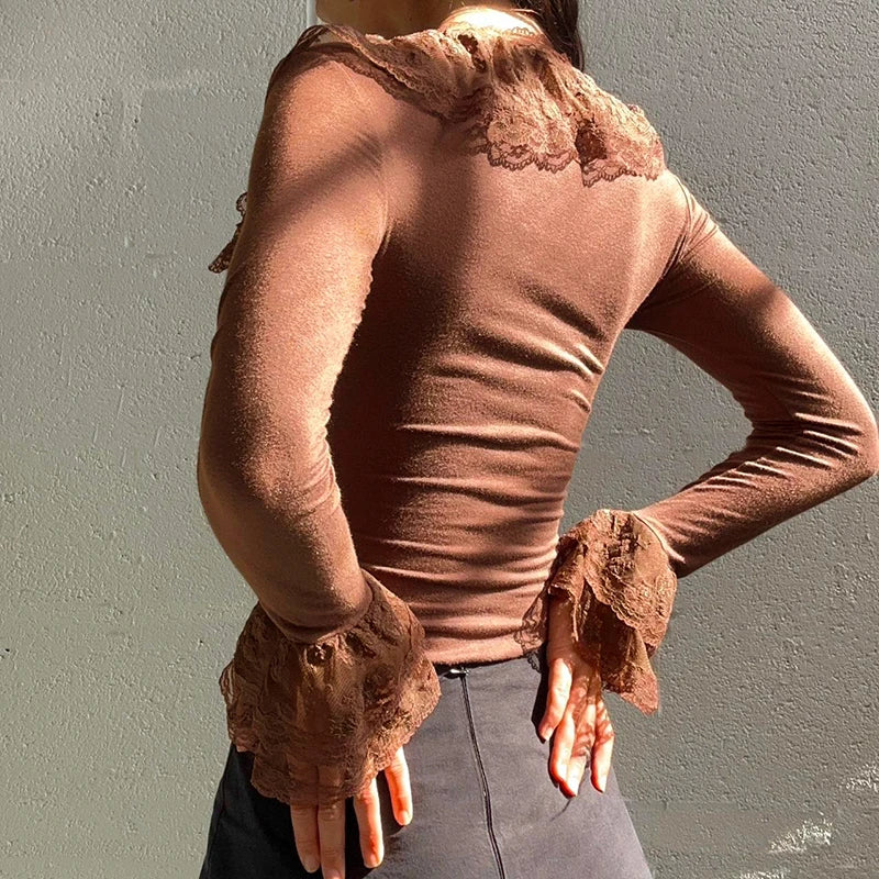 Lace Ruffles Neck Brown T-shirt Y2k Long Sleeve Fitted Top Stylish 2000s Tee Fall
