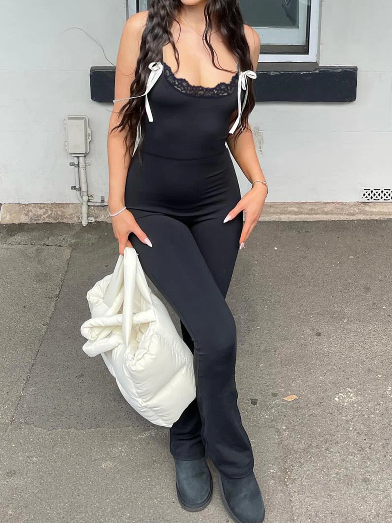 Black Sleeveless Skinny Flared Jumpsuits Lace Trim Tie Bow Sweet Y2k Slip Rompers