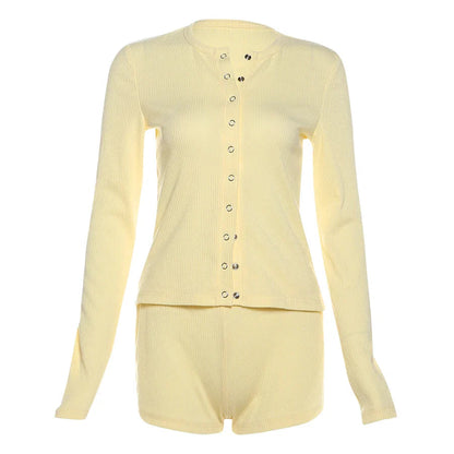 Leisure Stretch 2-piece Set Single-breasted Long Sleeves O-neck Blouse+basis Shorts Simple Classic Street Suits